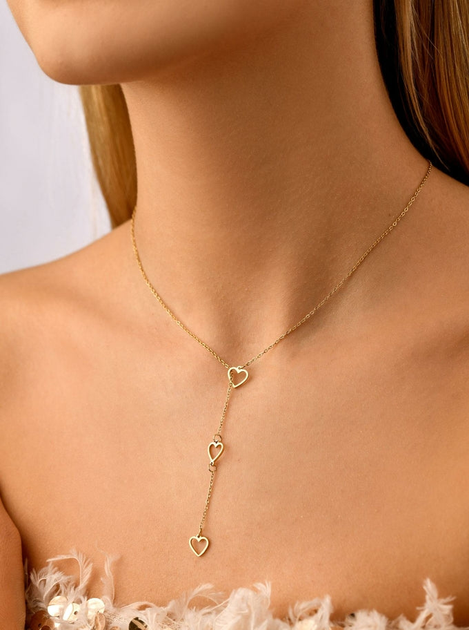14k Gold Plated Hearts Lariat Necklace