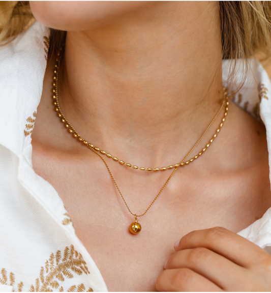 Gold Plated Double Chain Necklace with Gold Ball