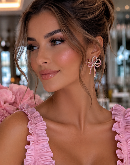 Pink and Burgundy Crystals Triple Bow Earrings