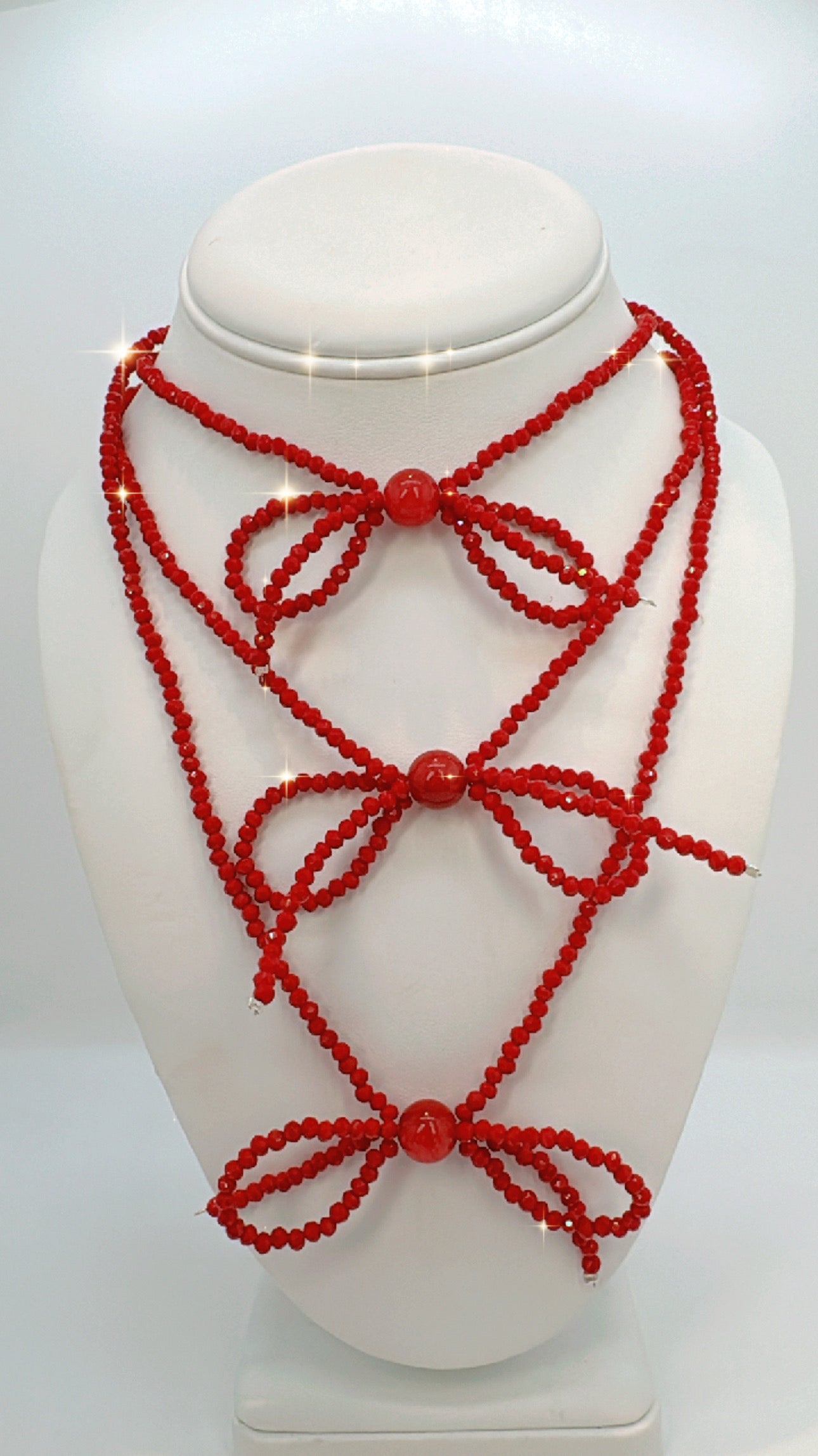 Hot Red Glass Crystals Bow Necklace