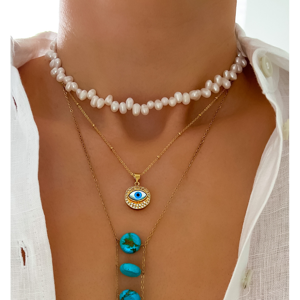 Gold Chain Necklace with Evile Eye & Crystals Pendant