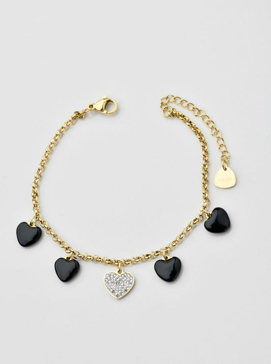 14k Gold Plated Bracelet with Black & Crystal Hearts