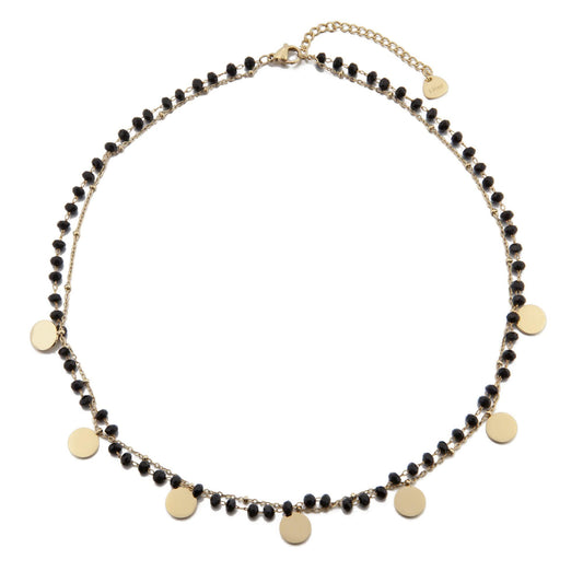 Gold Plated Double Chain Necklace with Black Crystals and Flat Discs
