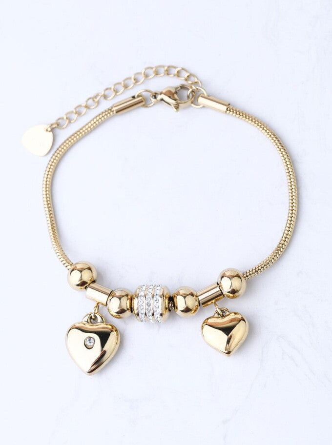 14k Gold Plated Statement Bracelet with Crystals Charm and Hearts s108490