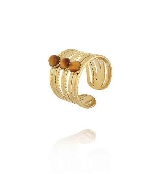 Gold Plated Three Tigers Eye Stones Wide Ring 0079