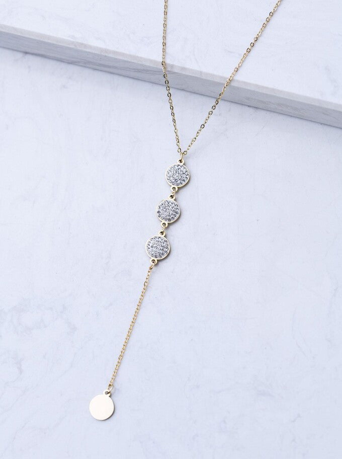 14k Gold Plated Lariat Necklace with Crystal Flat Discs