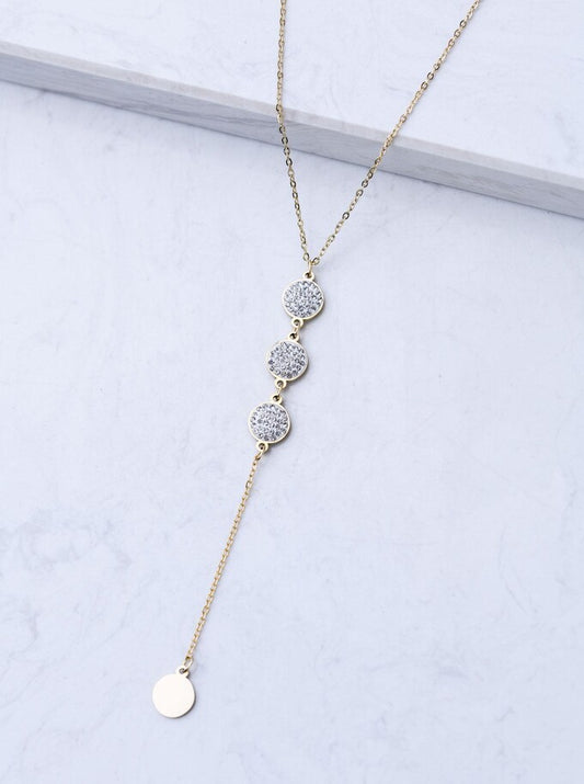14k Gold Plated Lariat Necklace with Crystal Flat Discs