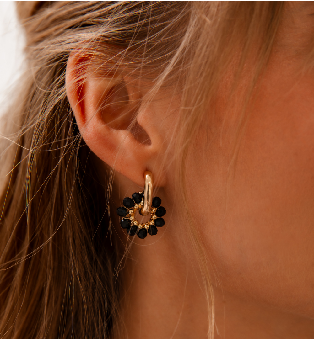 Round Black Faceted Glass Crystal Earrings 0230