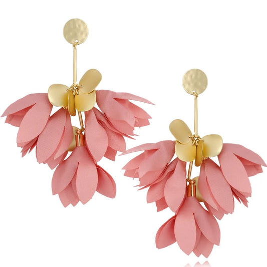 Desert Coral Satin Blossom Flower Earrings with Gold Finishing