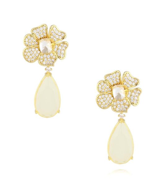 Glamour Zirconium Flower Earrings with Citrine Teardrop Crystal 1594