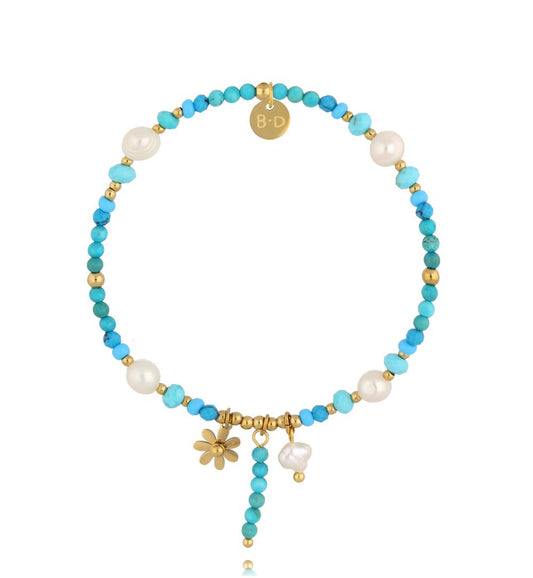Turquoise Blue Miyuki Beads and  Pearls Elastic Bracelet