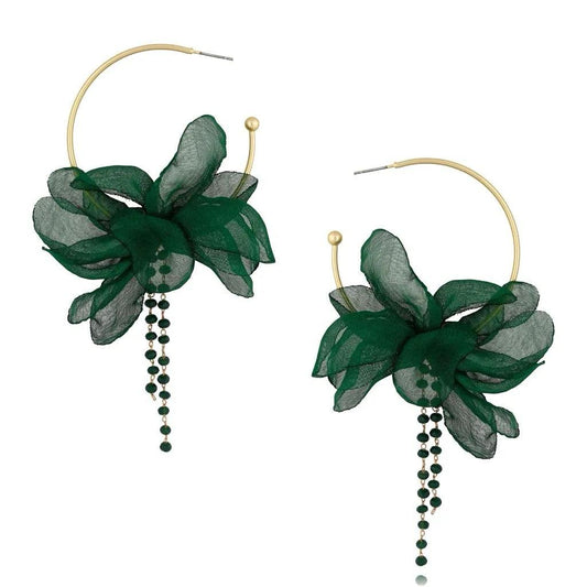Pine Green Silk Flower Hoops Earrings