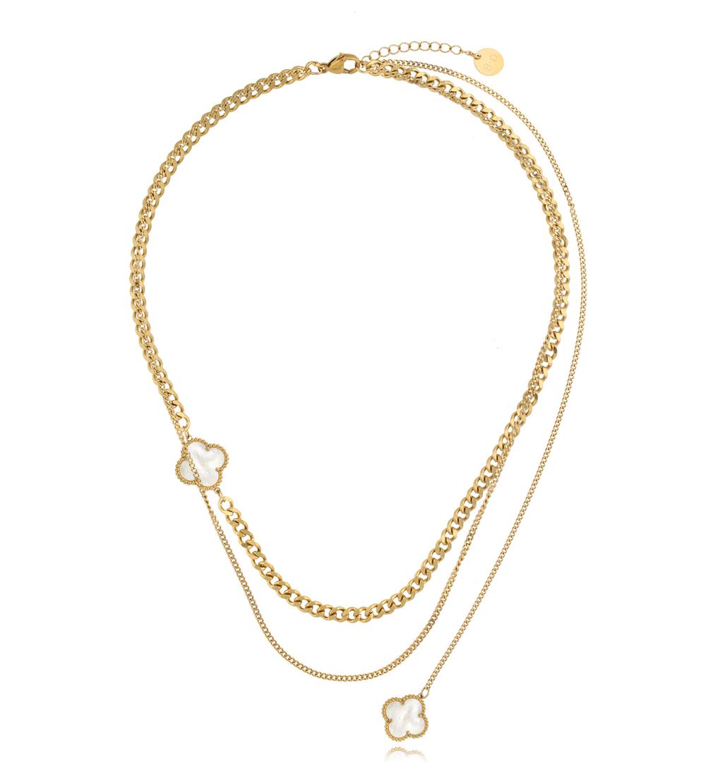 Gold Plated Double Chain Necklace with White Pearl Clover 0345