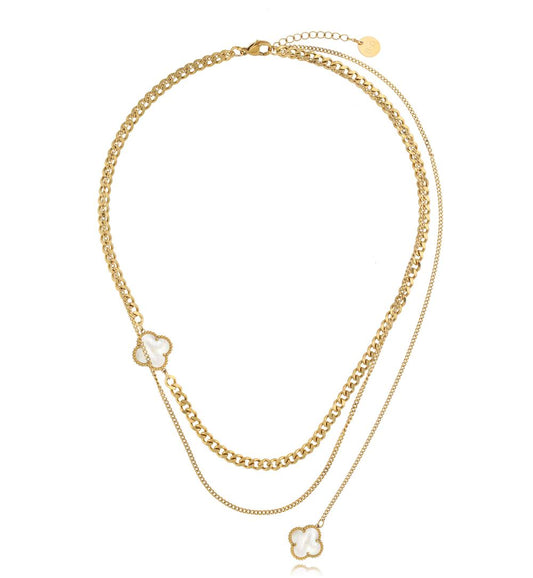 Gold Plated Double Chain Necklace with White Pearl Clover 0345