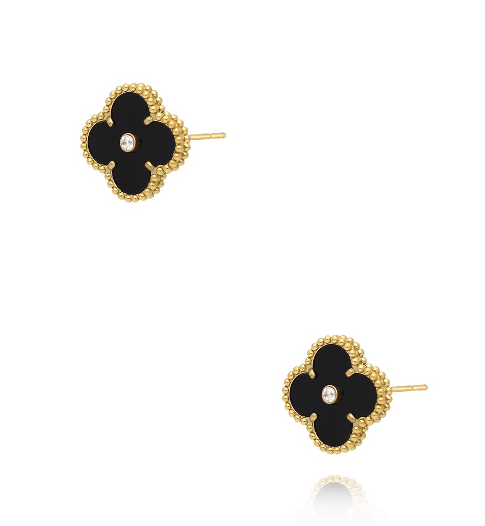 Gold Plated Black Clover with Crystal Stud Earrings