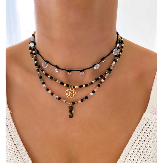 Black and Gray Natural Stones Necklace with Crystal Seahorse Pendant