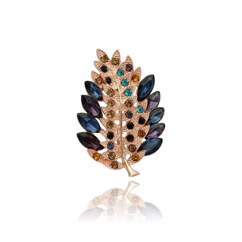 Elegant Rose Gold Brooch with Navy and Blue Crystals