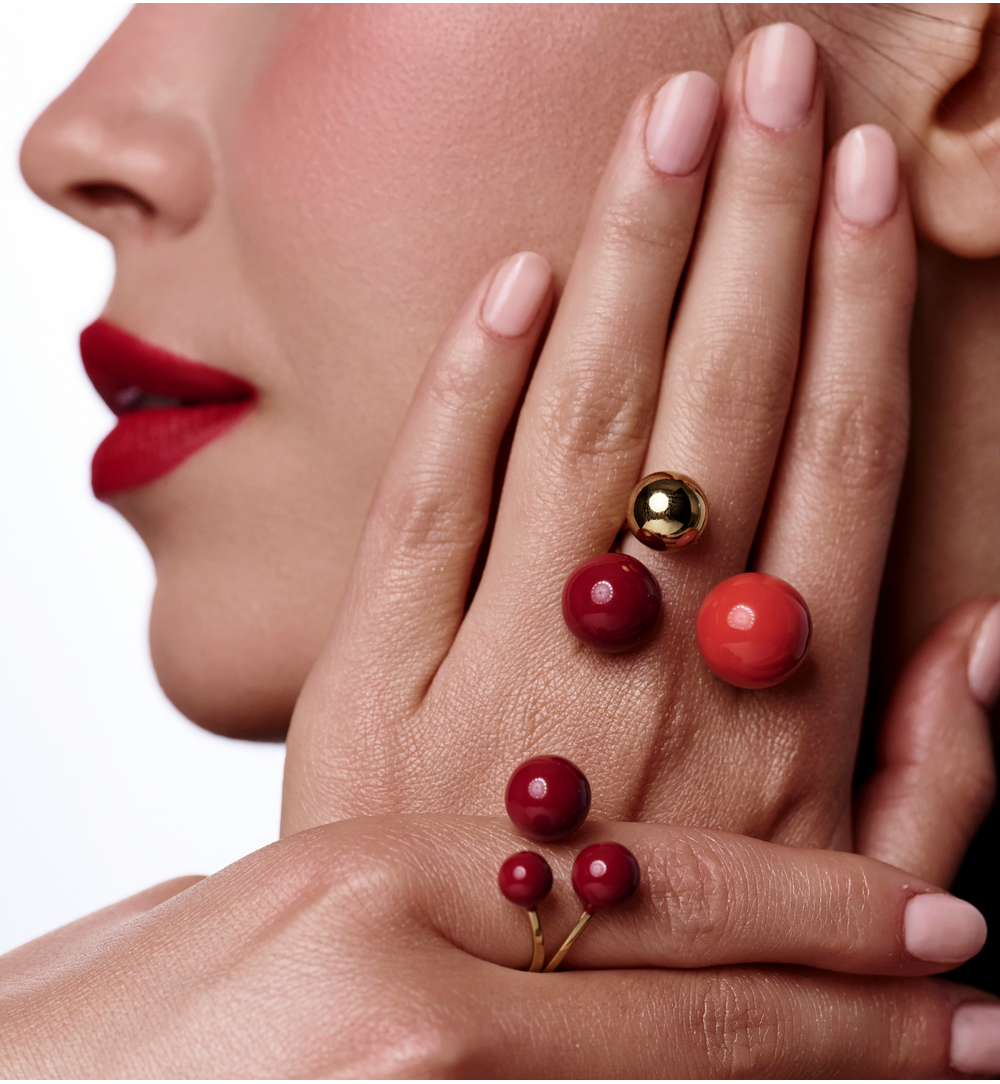Steel and Shine Enamel Burgundy and Cider Orange Balls Ring 1088