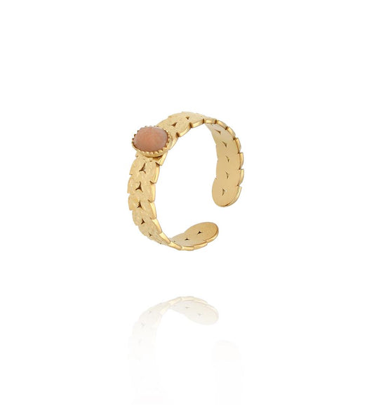 Gold Plated Cuff Adjustable Ring with Rhodonite Stone 0083