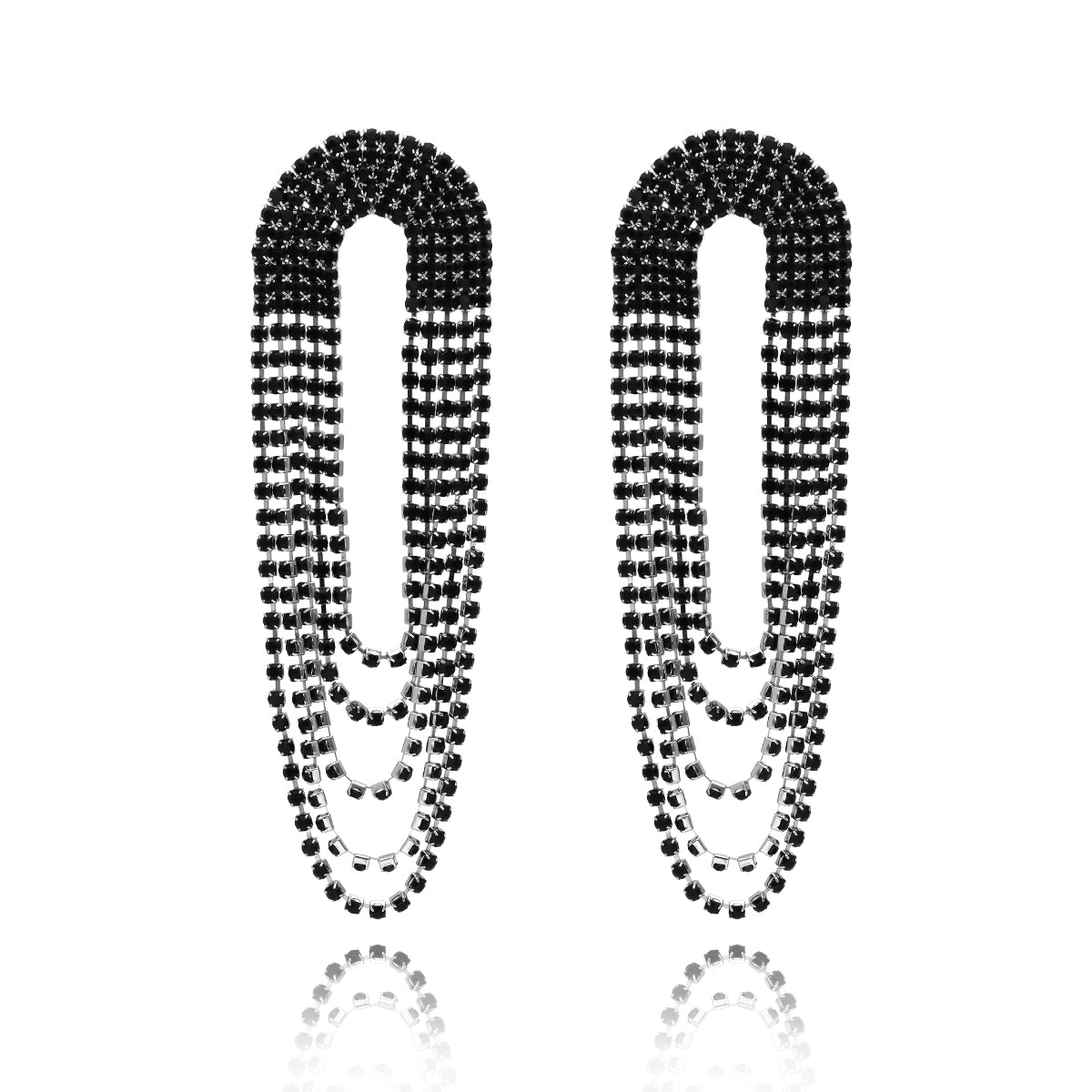 Party Time Layer Black Rhinestones Earrings with Silver Finishing