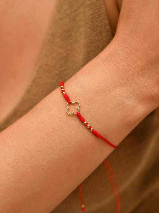 Good Luck Red String Bracelet with Gold Plated Clover