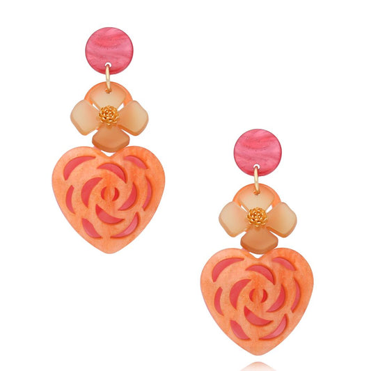 Orange Rose Heart and Flower Earrings