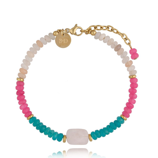 Turquoise and Pink Stones Bracelet with Pink Quartz mid Stone