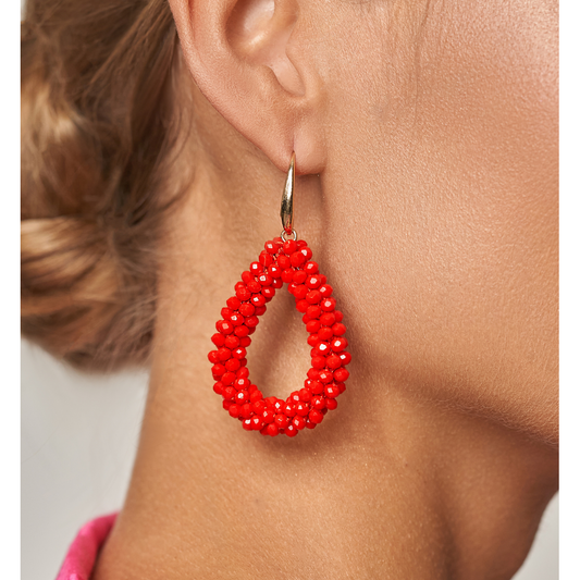 Sparkling Flame Red Faceted Glass Teardrop Crystal Earrings