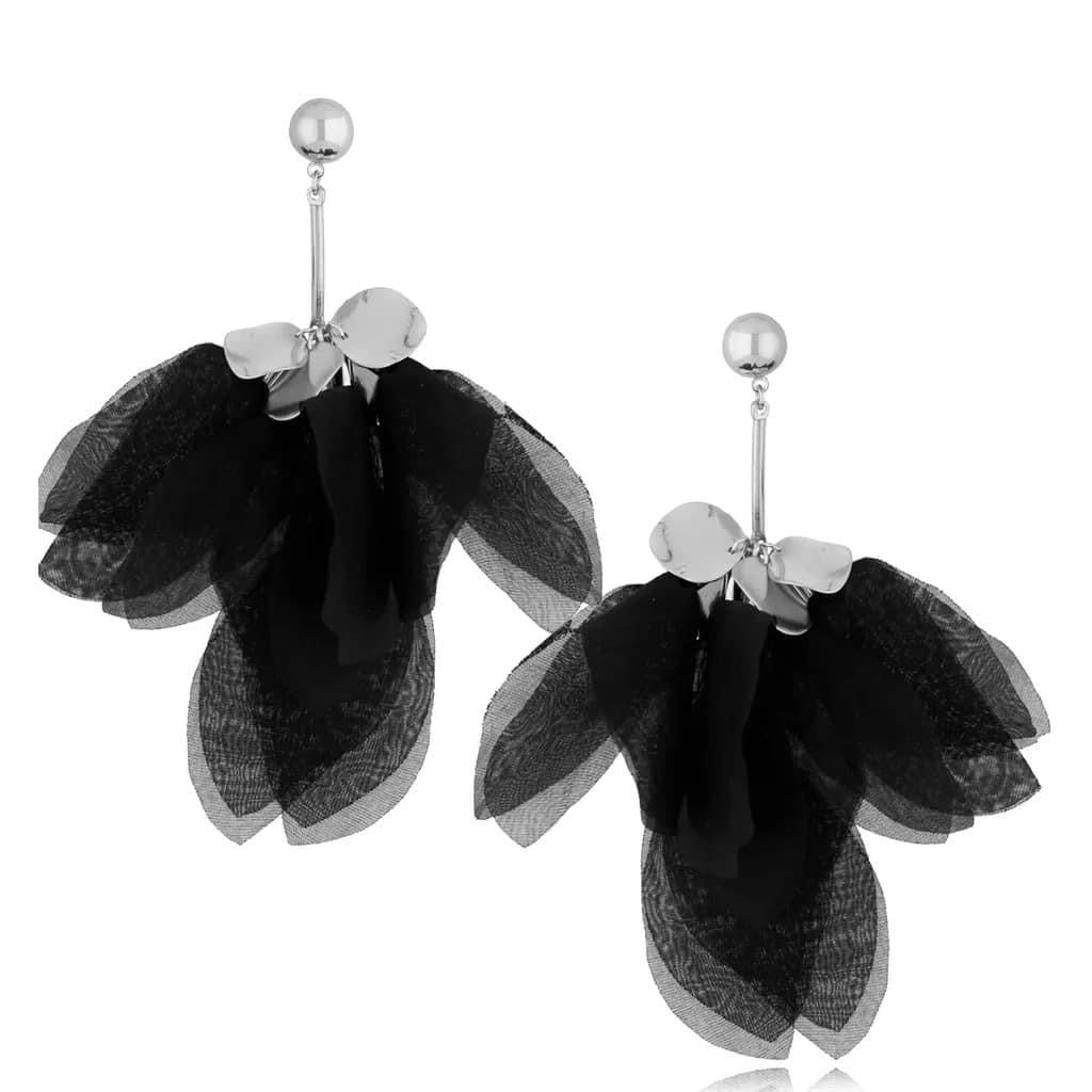 Black Silk Flower Earrings with Silver Finishing