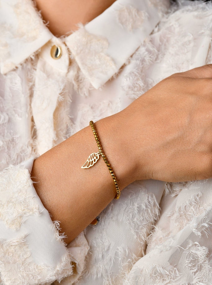 Adjustable Gold Beads Bracelet with Gold Plated Angel Wing