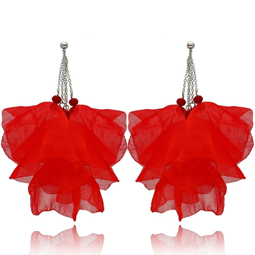 Hot Red Silk Earrings with Silver Finishingo