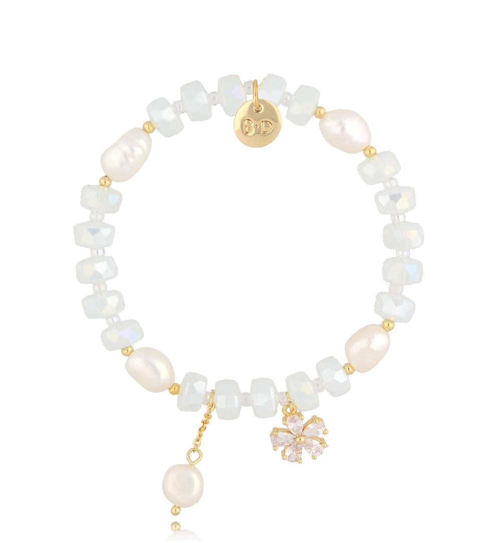 Luminous Transparent Glass Crystals & Pearls Bracelet with Flower Pendant 2809