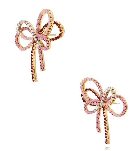 Pink and Burgundy Crystals Triple Bow Earrings