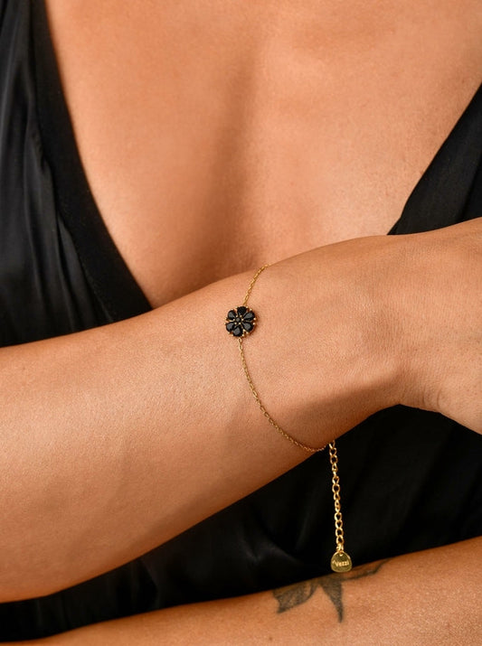 14k Gold Plated Flower Bracelet with Black Crystal