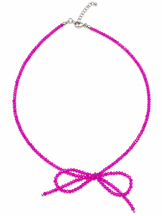 Luminous Pink Glass Crystals Bow Necklace with Silver Finish