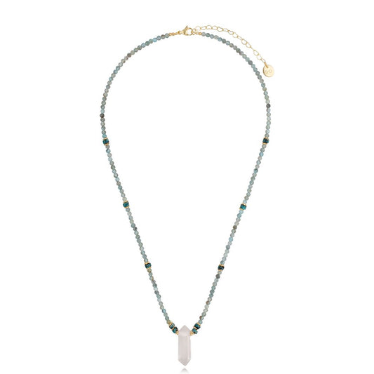 Long Green and Gray Apatite Stones Necklace with Crystal