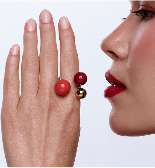 Steel and Shine Enamel Burgundy and Cider Orange Balls Ring 1088