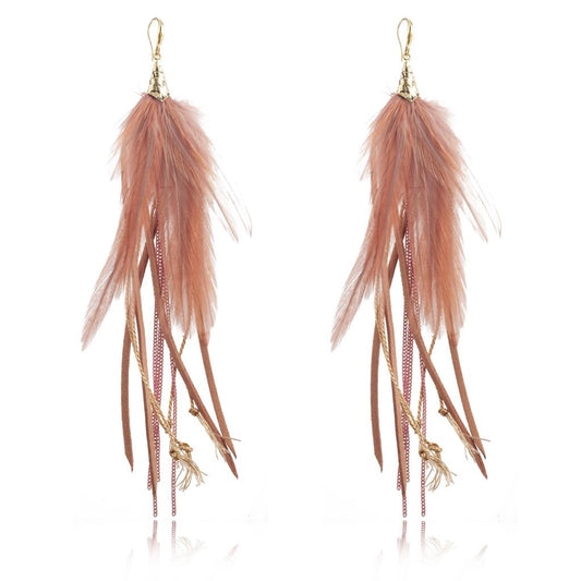 Dusty Pink Feather Earrings with Leather Strings and Chains (cl)