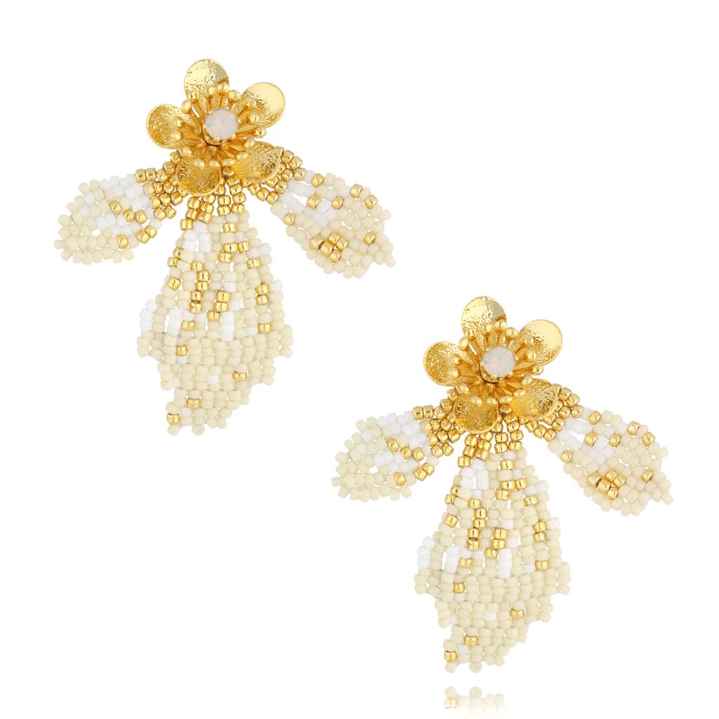 Cream Floral Leaf Earrings and Glass Crystals