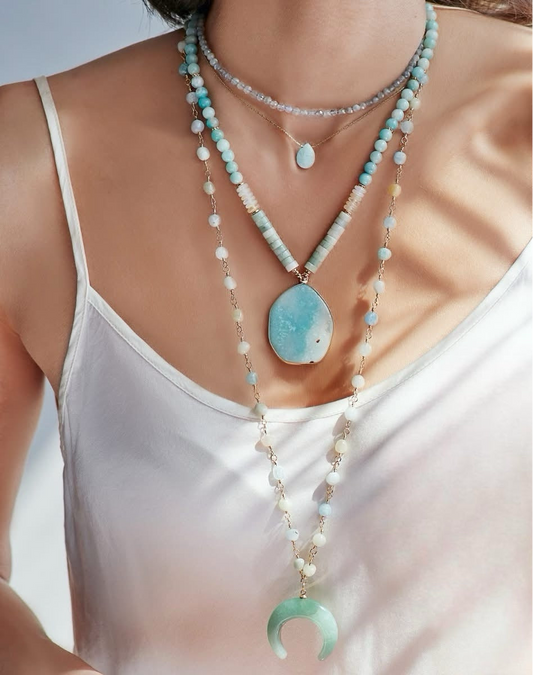 Statement Natural Stones Necklace with Aventurine Moon Pendant