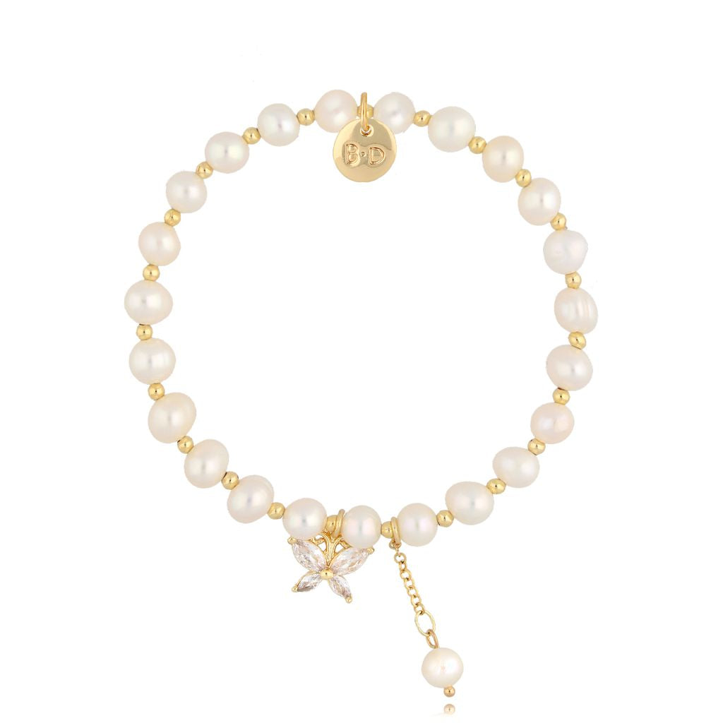 White Pearls Bracelet with Butterfly and Pearl Pendant