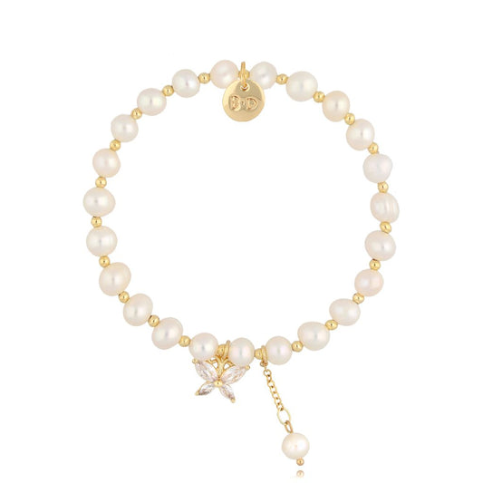 White Pearls Bracelet with Butterfly and Pearl Pendant