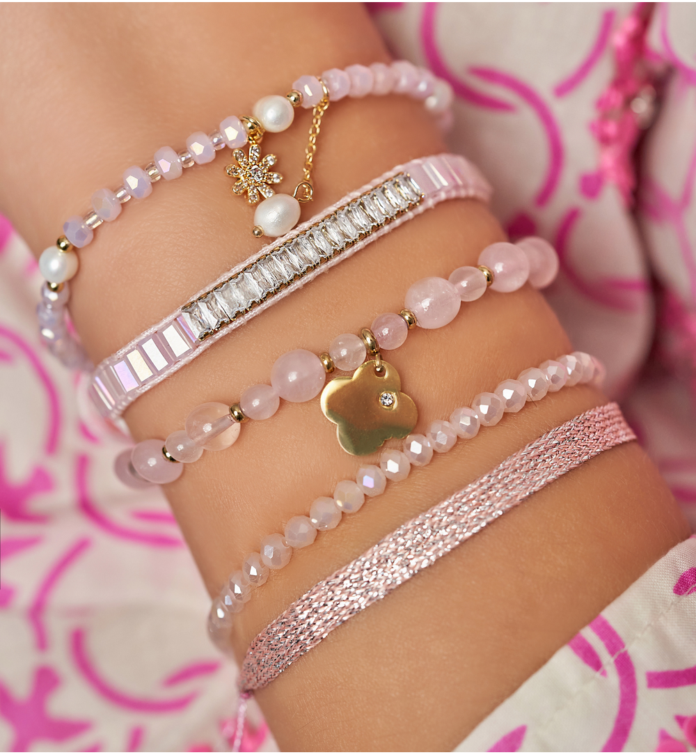 Pink Crystals Elastic Bracelet with Pearl and Flower 2644