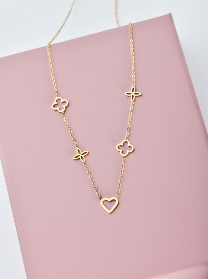 Gold Plated Celebrity Necklace with Clovers, Heart and Lily Flowers