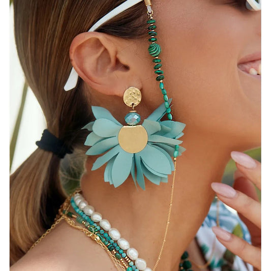 Cayan Green Satin Flower Earrings with Old Gold Finishing