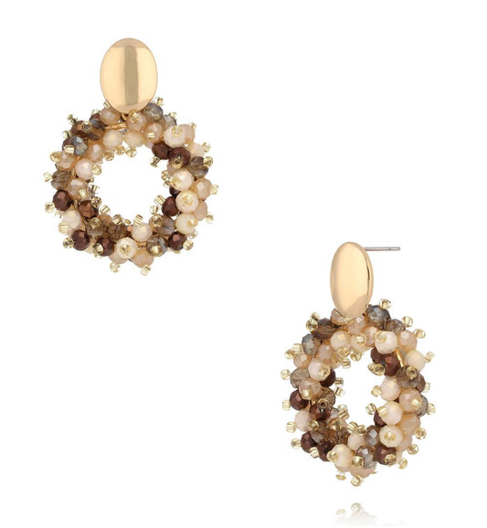 Brown and Beige Round Glass Crystals Earrings 0340