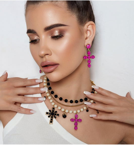 Fuchsia Crystals Cross Earrings Jolene