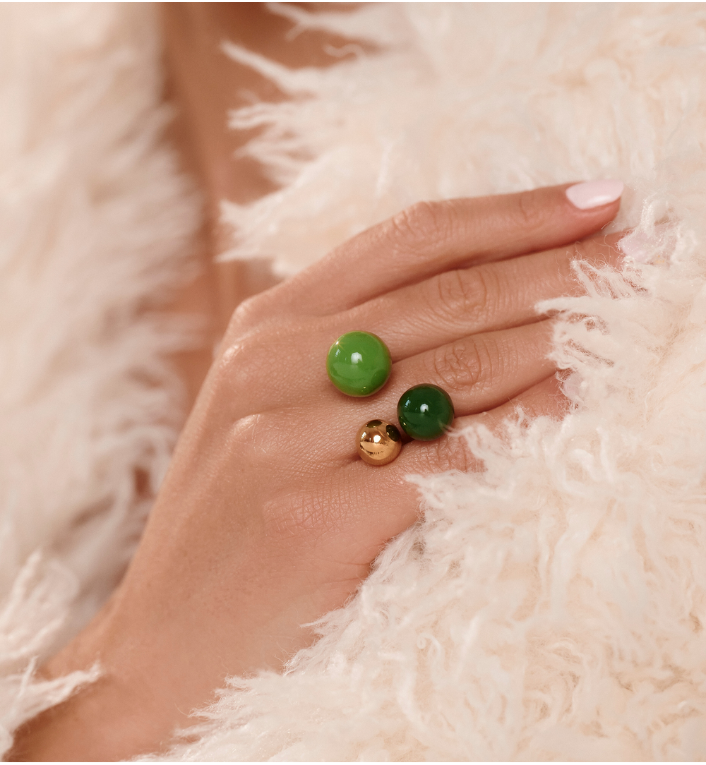 Steel and Shine Enamel Pine Green and Gold Balls Ring 1124
