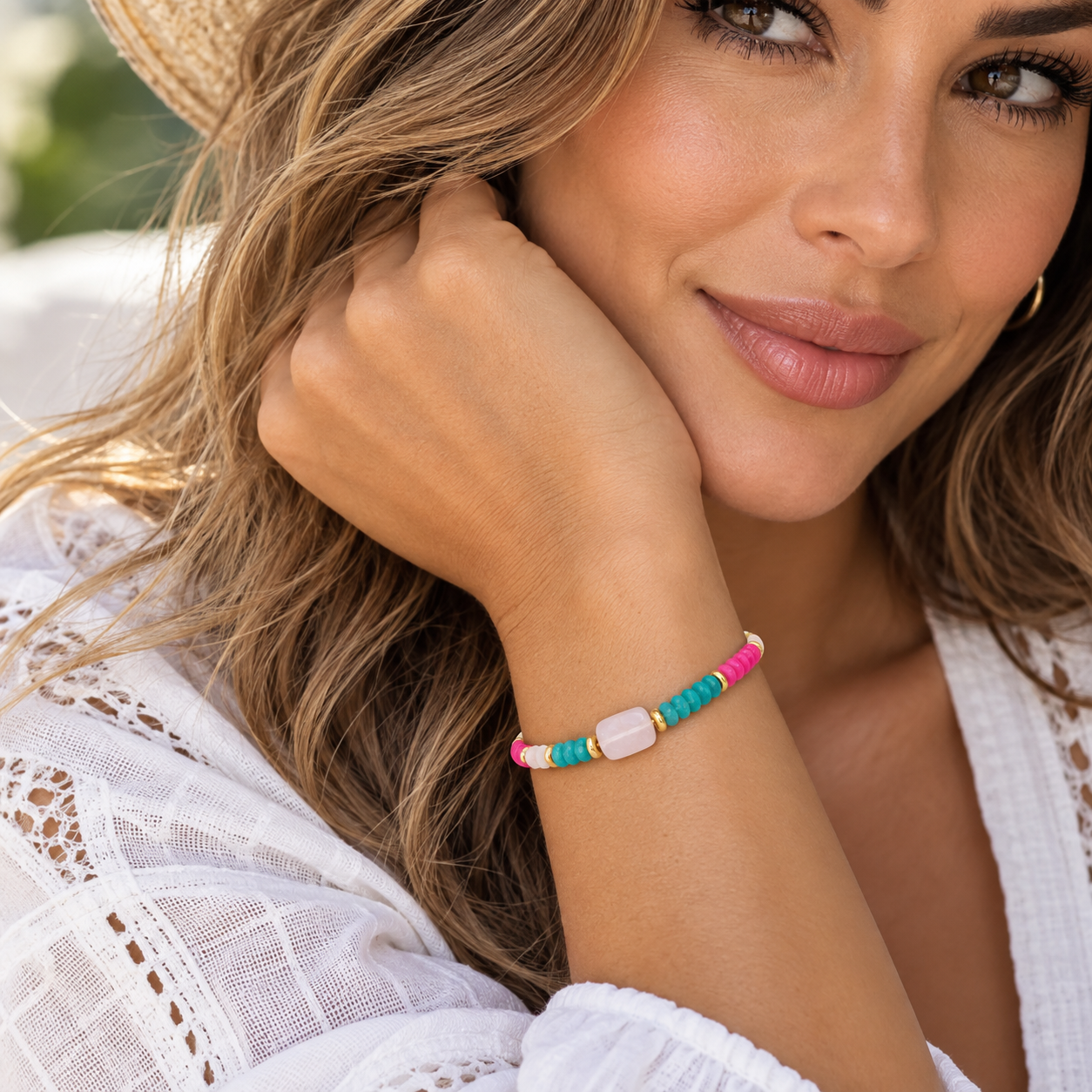 Turquoise and Pink Stones Bracelet with Pink Quartz mid Stone