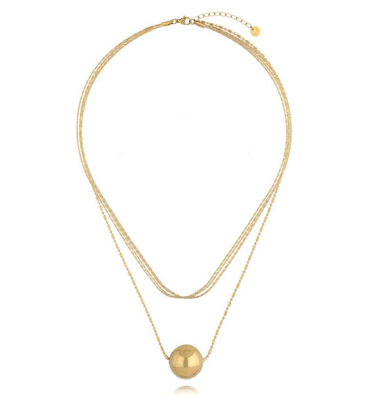 Gold Plated Multi Layered Chain Necklace with Gold Ball 0572